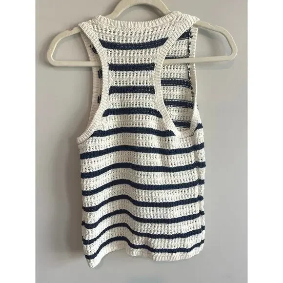 Madewell Crochet-Knit Crewneck Sweater Tank In Bright Ivory Navy Size Small - Picture 6 of 6